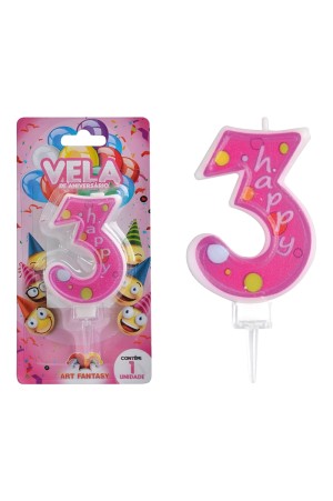 VELA DE ANIVERSÁRIO NÚMERO 3 COR ROSA ART FANTSY