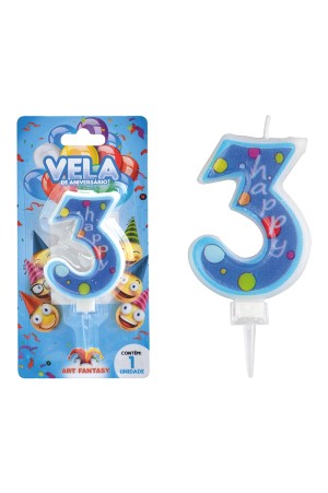 VELA DE ANIVERSÁRIO NÚMERO 3 COR AZUL ART FANTSY