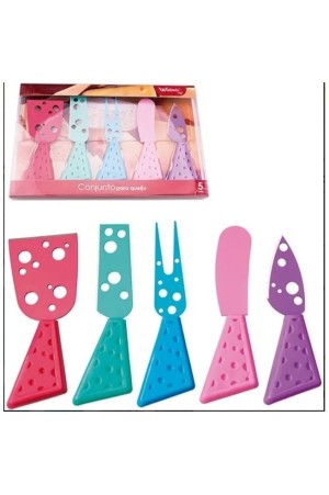 Kit Facas p/ Queijos e Frios c/ 3 Facas + Garfo + Espátula - total 5 pecas